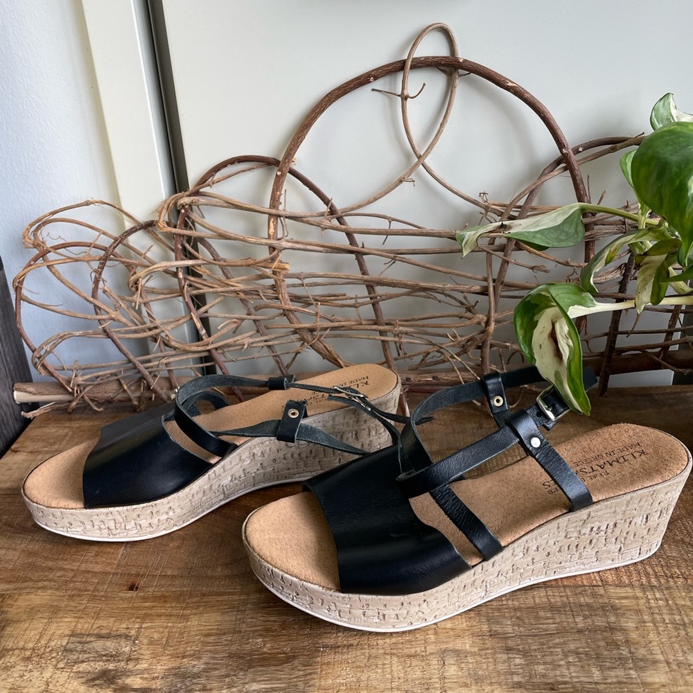 For charity! Black genuine greek leather wedge sandals